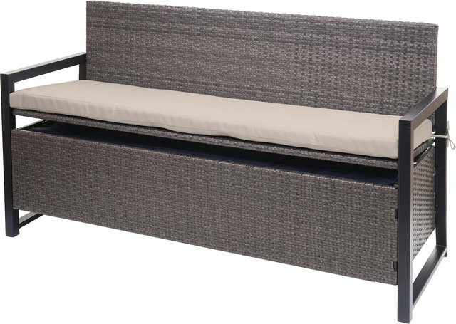 MCW 3er Poly-Rattan Gartenbank als Truhenbank mit Staufach und beigen Sitzkissen, grau-meliert - Bild 1