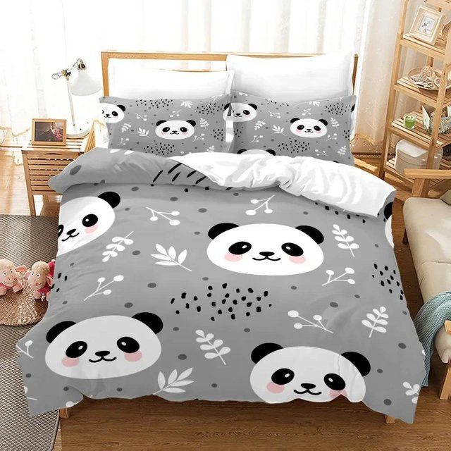 Panda Bär Bettwäsche Set mit 3D-Druck für Kinder, Bettbezug und Kissenbezug aus Mikrofaser, Farbe: Grau, B/H: 180 x 210 cm - Bild 1