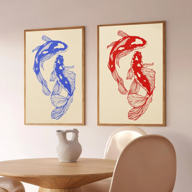 Potdemiel Leinwanddruck Koi-Fische in Blau und Rot als moderne Wandkunst - Bild 1
