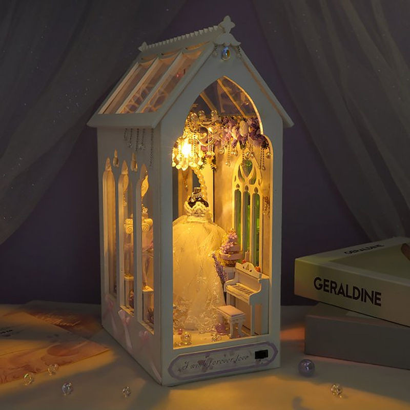 zuuton DIY Holz Hochzeit 3D Puzzle Miniatur Puppenhaus Buch Eck Kit in Weiß mit floralem Design - Bild 1