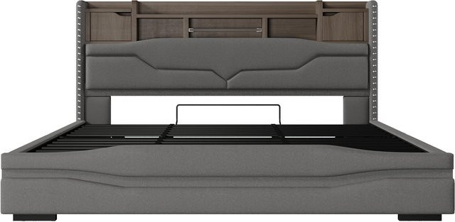 Polsterbett WM Store DE in Grau mit hydraulischem Stauraum, USB-Ladeport, Nachttischregal und Unterbettbeleuchtung, H x B x T: 110 x 219 x 186,5 cm - Bild 1