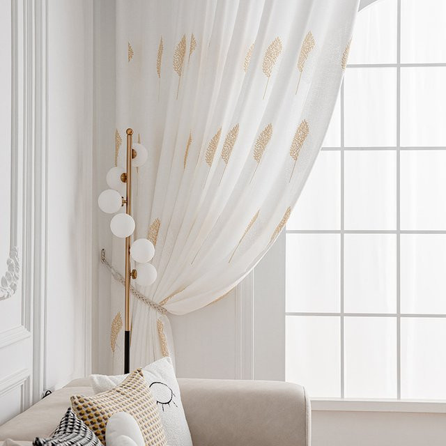 Bestickter Gaze-Tüllvorhang mit floralem Blatt-Design für Fenster und Türen, transparent, Polyester - Bild 1