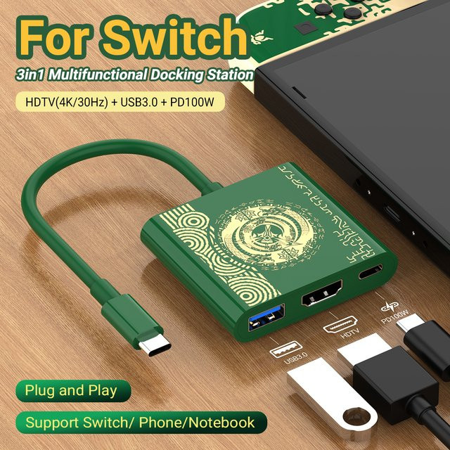 Gopala PD100W Spiele-Dockingstation für Switch/OLED mit 4K UHD HDTV, USB-C zu USB 3.0 Hub für Steam Deck, Handy, iPad und Laptop, Farbe: Grün - Bild 1