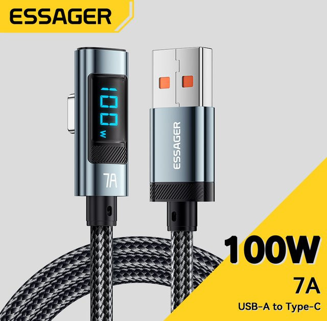 Essager USB C Kabel 100W Schnellladung mit Digitalanzeige und Ellenbogen-Stecker in Schwarz - Bild 1