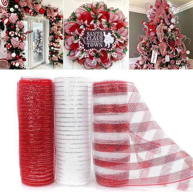 Weihnachtsband Set aus Metallic-Poly mit Draht für DIY-Dekoration und Verpackung, 10 Yard, Farben: Rot, Grün, Weiß - Bild 1