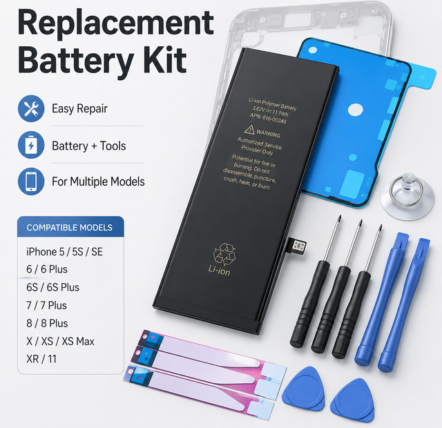 Ersatz-Handy-Akku für Apple iPhone 6S 7 8 Plus X XR XS Max 11 12 Pro 13 14 inklusive Reparatur-Werkzeug-Set in Schwarz - Bild 1