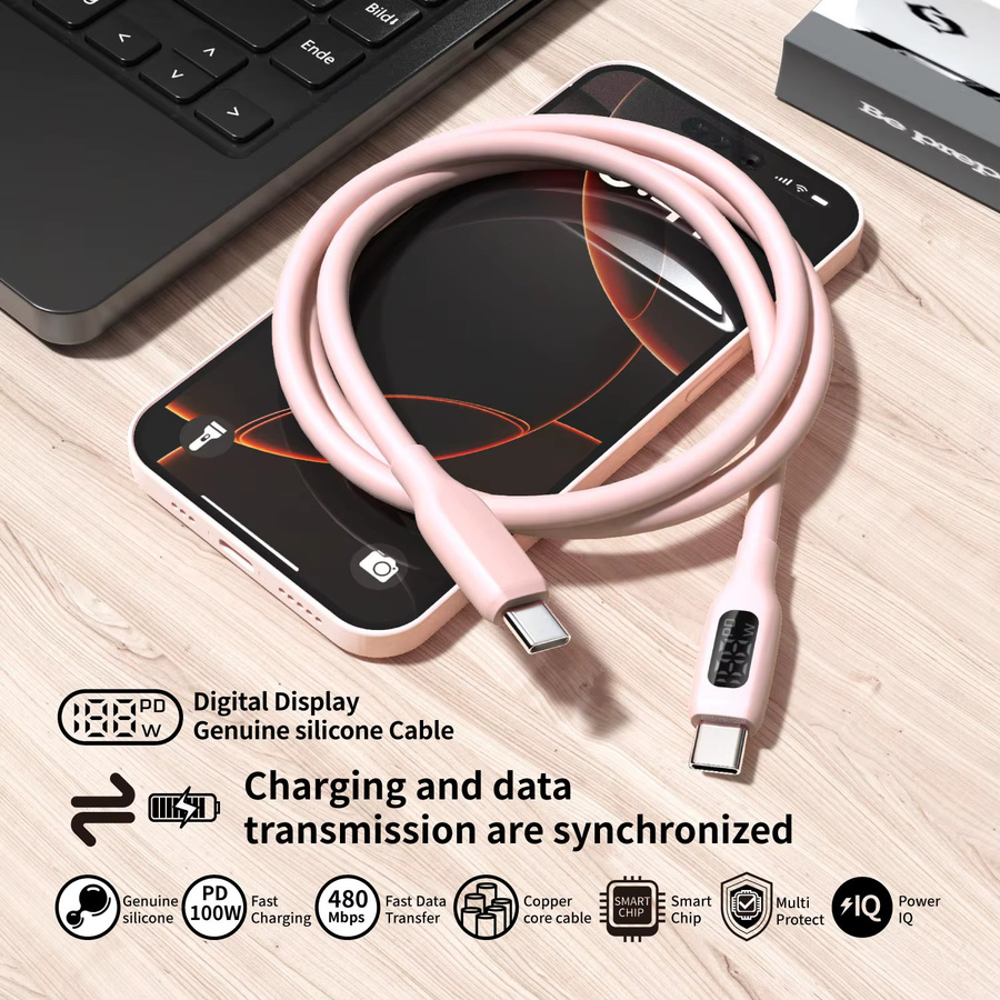 LAIHONEN 100 W USB-C-Schnellladekabel aus superflexiblem Silikon in Rosa für Telefon, Tablet und Laptop - Bild 2