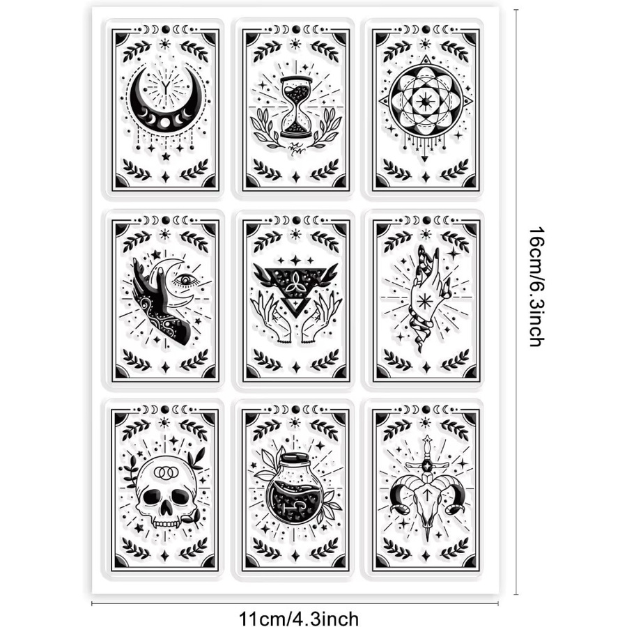 Transparenter Magischer Kartenstempel aus PVC mit Hexen-Motiven wie Gothic-Ziegenhorn, Trank, Mond, Augen, Totenkopf und Sanduhr für deine DIY-Projekte - Bild 4