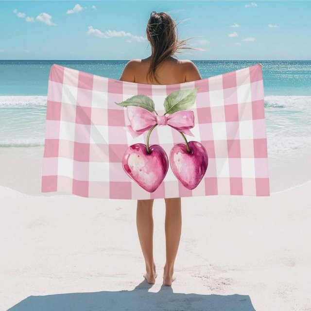 Sandfestes Mikrofaser Strandtuch mit Frühlingskirschfrucht und Bauernhaus Büffelkarom in Rosa und Weiß, Breite: 30 cm, Höhe: 60 cm - Bild 1