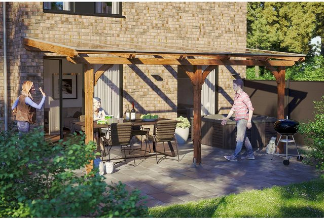 Skan Holz Terrassenüberdachung Rimini aus Douglasie in Nussbaum Braun, B/T: 541 x 350 cm mit Polycarbonat Dach - Bild 1