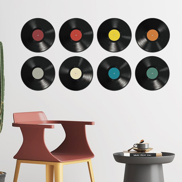 8 Stück Vinyl Schallplatte Wandaufkleber LEENKEA in Schwarz als DIY Transfer Aufkleber für Wohnzimmer, Schlafzimmer, Restaurant oder Bar - Bild 1