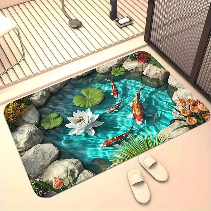 VIKAMA 3D-Illusions-Koi Fußmatte mit rutschfester Unterseite, buntes Fisch-Design, rechteckig - Bild 2