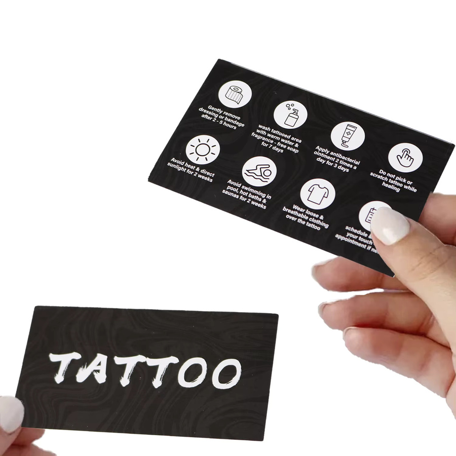 Doppelseitige Tattoo Pflege Lehrkarten aus mattem Papier in Schwarz, B/H: 5,5 x 9 cm, 50 Stück - Bild 2