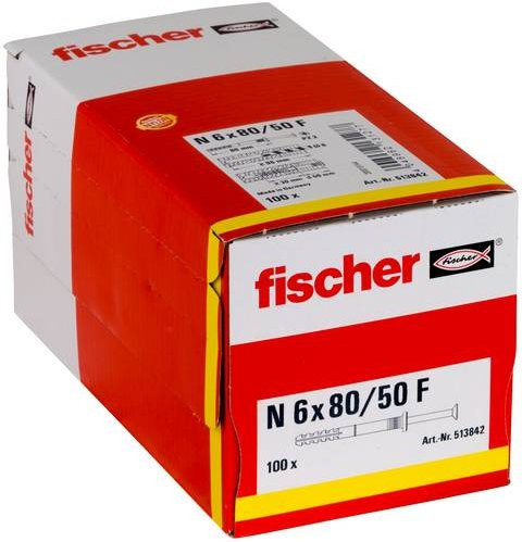 Fischer Nageldübel aus Nylon und Stahl in Weiß, 100 Stück, Durchmesser: 6 mm, Länge: 80 mm - Bild 1