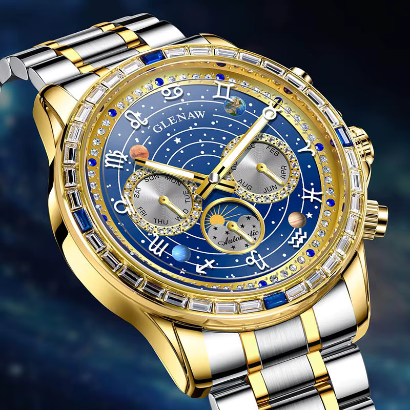 Glenaw Armbanduhr, Automatik, Edelstahl, Diamant, Herren, Blau - Bild 2