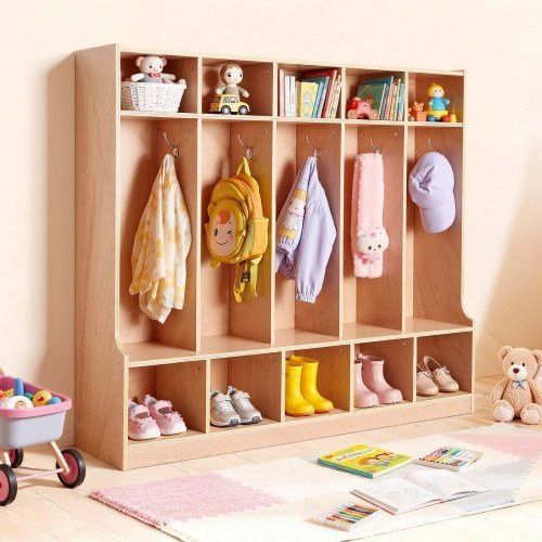 VEVOR Kinderkleiderschrank aus Holz in Braun mit 10 Haken und 15 Fächern, Offenes Garderobenregal für Kinderzimmer, Kindergarten und Kita, B/T/H: 120,9 x 33,0 x 136,9 cm - Bild 1