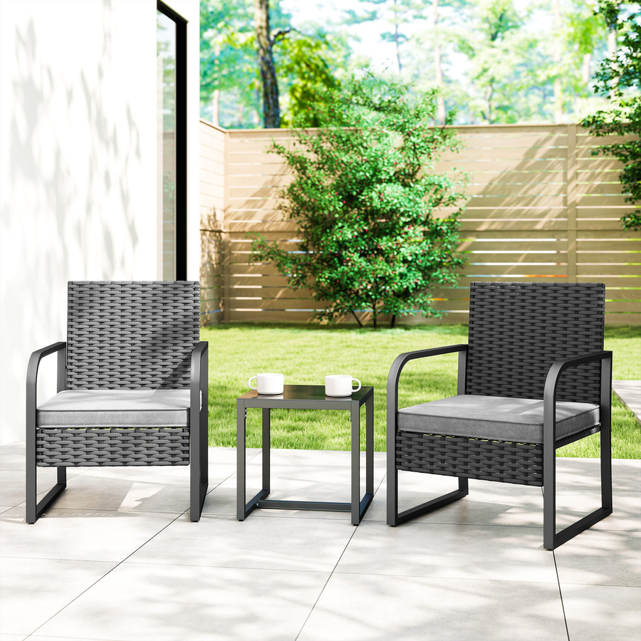 Outsunny 3-teiliges Garten-Set aus PE-Rattan und Stahl mit 2 Stühlen, waschbaren Kissen und Beistelltisch mit Glasplatte, Dunkelgrau und Schwarz - Bild 2