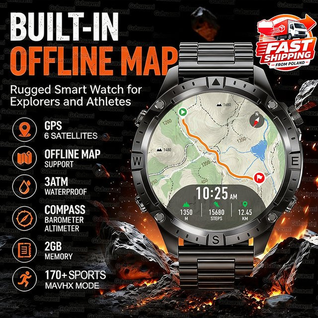 GUHUAVMI GPS-Smartwatch mit Offline-Kartennavigation und Bluetooth-Anruffunktion, Outdoor-Militäruhr in Schwarz mit Kompass, Höhenmesser, Barometer und Taschenlampe, 3ATM wasserdicht und 170+ Sportmodi - Bild 1