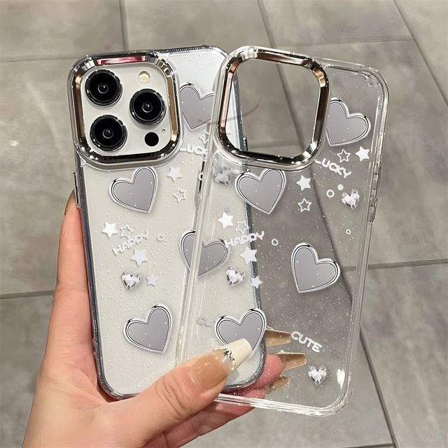 Silberne Silikon-Handyhülle mit Herz-Design für Apple iPhone (Modelle: 11, 12, 13, 14, 15, 16, 17 Pro Max), transparent und stoßfest - Bild 1