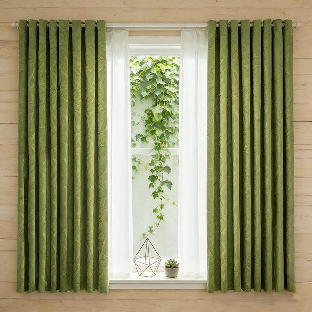 AiFish Verdunkelungsvorhänge mit grünem Jacquard-Blattmuster, wärmeisolierende Vorhänge für Schlafzimmer und Wohnzimmer, Farbe: Grün - Bild 1