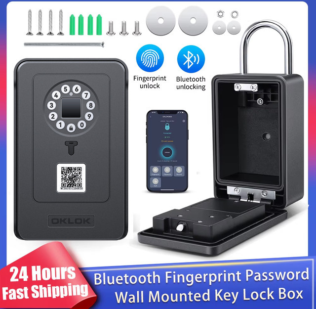 OKLOK Smart Key Lock Box mit Fingerabdruck und Bluetooth, wasserdichte Wandmontage, Schwarz - Bild 1