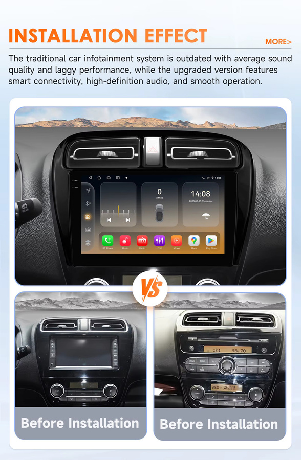 OSSURET Android 14 Autoradio mit 9 Zoll Display, Snapdragon 6115, GPS-Navigation, CarPlay und Android Auto für Dodge Attitude 2015-2023 sowie Mitsubishi Mirage/SpaceStar 2012-2023, Schwarz - Bild 4
