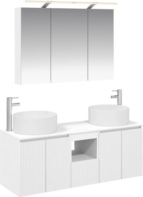 vidaXL Badezimmerschrank-Set 4-teilig in Weiß mit LED-Beleuchtung und Waschtischunterschrank, B/H/T: 100 x 70 x 14,5 cm - Bild 1