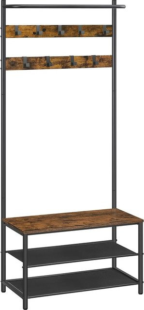 VASAGLE Garderobenständer mit Schuhbank und Kleiderstange, Braun-Schwarz, B/T/H: 64 x 32,2 x 180 cm - Bild 2