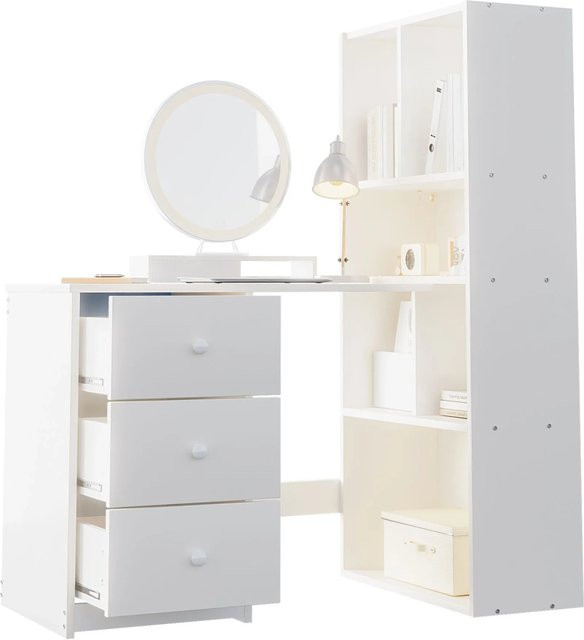okwish Eckschreibtisch in Weiß mit Bücherregal, 4 Ablagefächern und 3 ausziehbaren Schubladen, B: 117 cm, T: 63 cm, H: 135 cm - Bild 1