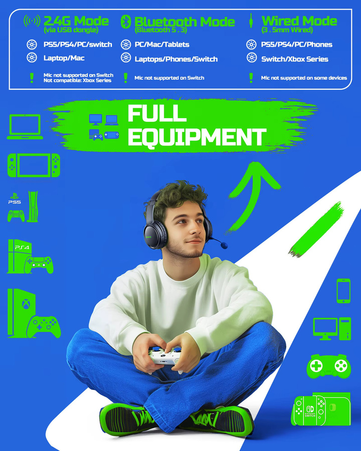BINNUNE BW02 kabellose Gaming-Kopfhörer mit 2,4 GHz und Bluetooth, Headset mit Flip-Mikrofon für PS5, PS4, PC und Mac in Schwarz und Rot - Bild 5