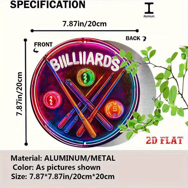 CIFBUY Retro 2D-Leuchtreklame aus Metall mit Pool-Queue und Ball, Vintage Wandkunst in Multicolour - Bild 2