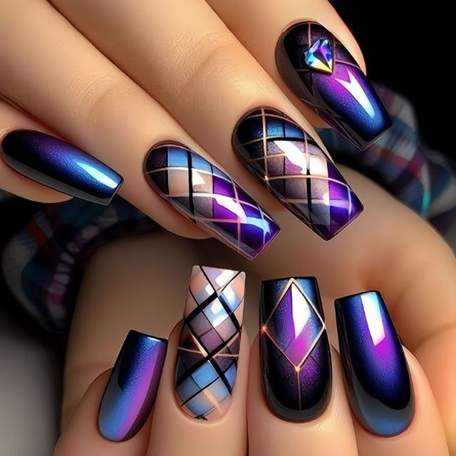 Künstliche Nägel mittellang, geometrische Streifen, Lila Blau Schwarz Beige, Glänzend - Bild 1