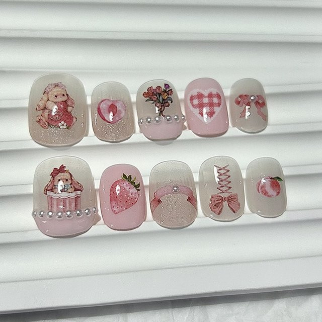 GIOIO Nail Art Kunstnägel, rosa, Erdbeer Hase, 10 Stück - Bild 1