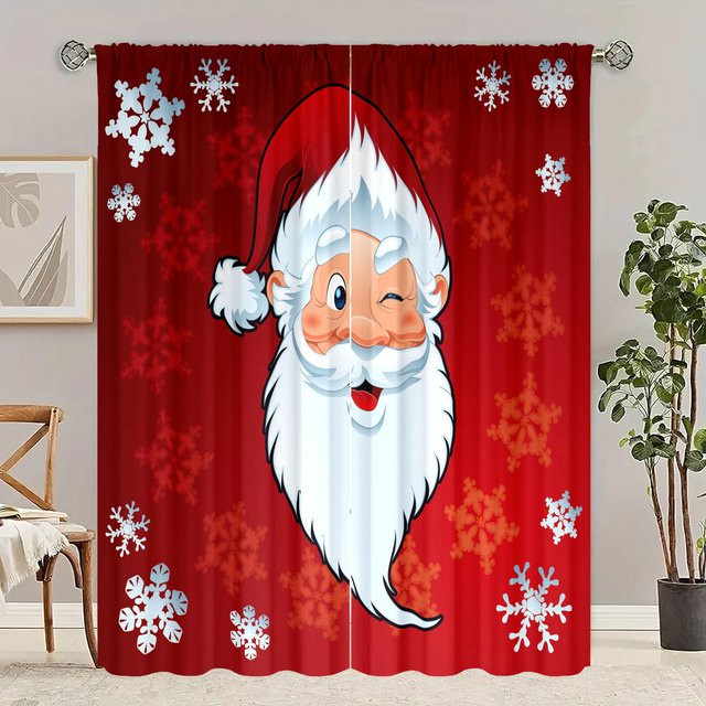 2er-Set Weihnachtsmann Vorhang mit Grafikdruck in Weiß und Rot aus Polyester, semi-transparent, Breite: 76,2 cm, Höhe: 165,1 cm - Bild 1