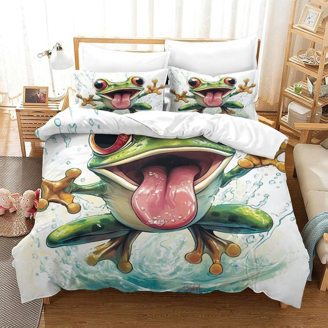 Flylo Bettbezug-Set mit Frosch-Motiv in Grün, 2er-Set aus weicher Mikrofaser für Kinder, B/H: 70 x 140 cm - Bild 1