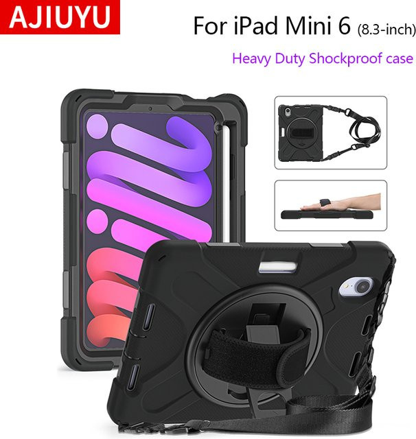 AJIUYU Schutzhülle für iPad Mini 6 (8,3 Zoll, 2021 Generation) Kinderhülle mit Schultergurt, Schwarz - Bild 1