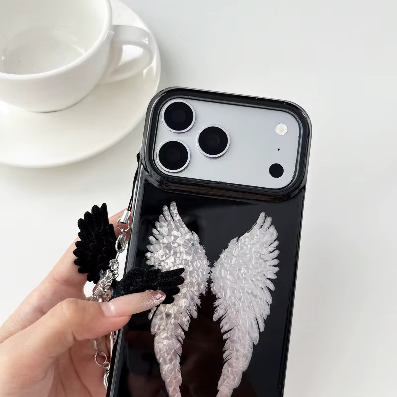 Potdemiel Handyhülle mit Laser-Cartoon-Engelsflügeln und Anhänger für iPhone 15, 16 und 17 Pro Max, Schwarz - Bild 6