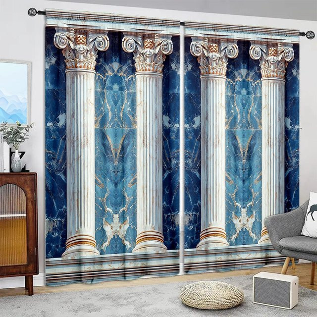 2er-Set bedruckte Vorhänge mit römischem Säulen- und Marmormuster von Household supplies MH, blau/mehrfarbig, B: 75 cm, H: 165 cm - Bild 1
