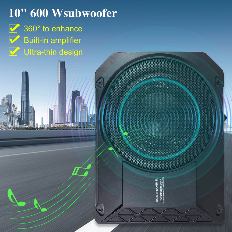 Podofo 10-Zoll Aktiver Subwoofer 800W Unter-Sitz-Autoaudio-Gehäuse in Schwarz mit Audiokabel und Audioprozessor - Bild 2