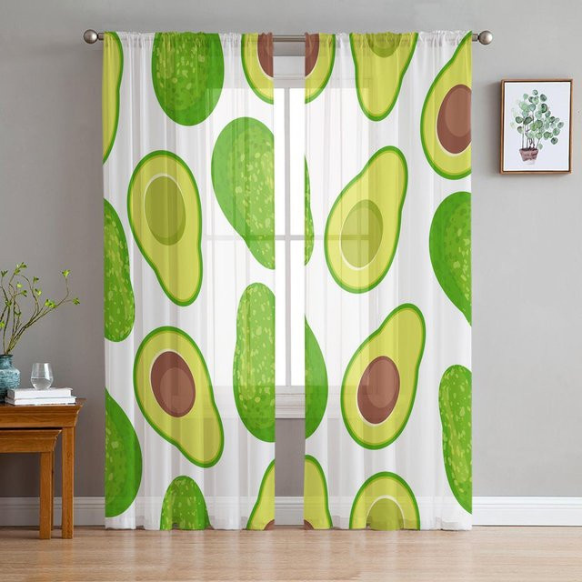 Transparente Avocado Cartoon Vorhänge aus Tüll und Organza für Wohnzimmer und Küche, Grün, B: 135 cm, H: 137 cm - Bild 1