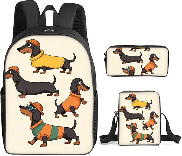 BAOERYE 3-teiliges Schultaschen-Set mit Dackel-Aufdruck in Mehrfarbig für Jungen und Mädchen bestehend aus Rucksack, Umhängetasche und Federmäppchen - Bild 1