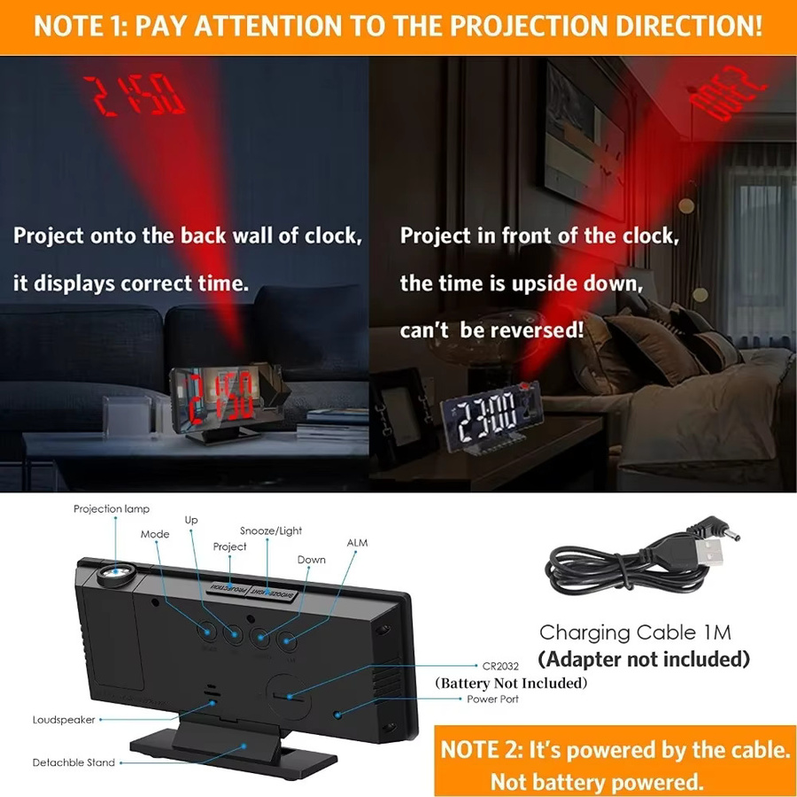 NieNie Digitaler Projektionswecker mit 180 Grad Armprojektion, Temperaturanzeige und Snooze-Funktion, Schwarz, USB-Betrieb - Bild 3