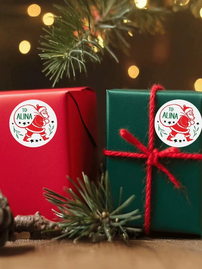 Personalisierte Frohe Weihnachten Aufkleber im Vintage-Weihnachtsmann-Design, runde Etiketten für Geschenke und Boxen, Durchmesser: 3 cm - Bild 3