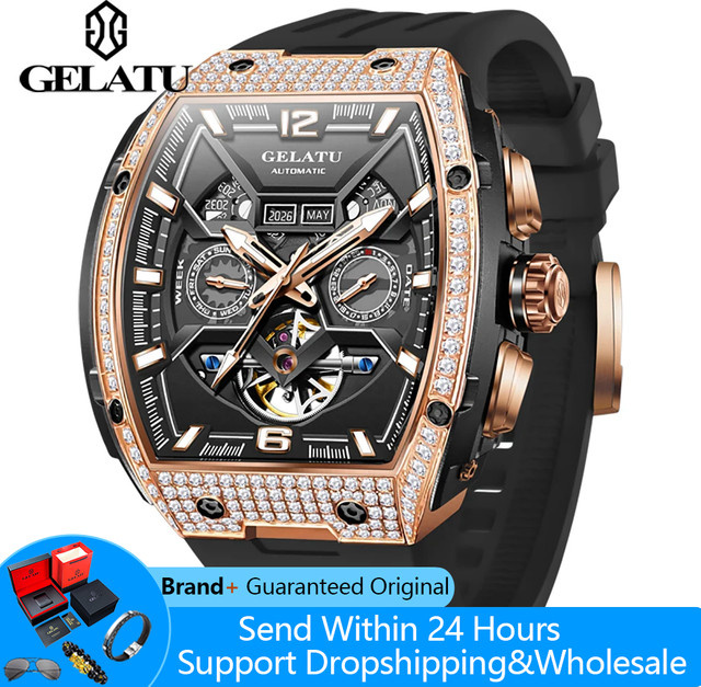 GELATU Armbanduhr, Automatik, Diamant, Silikonarmband, Herren, Schwarz - Bild 1