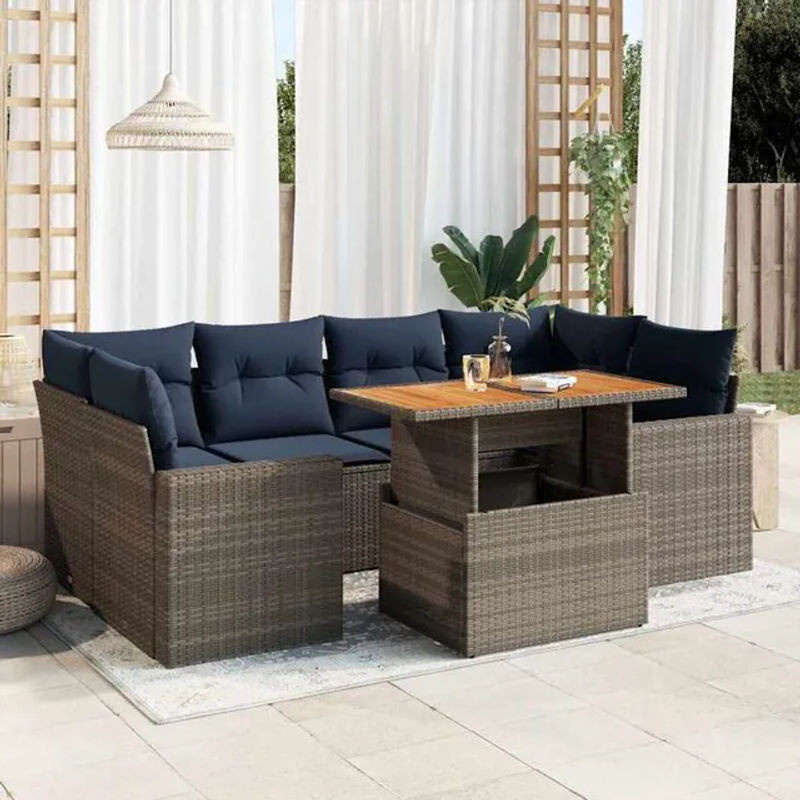 7-teilige Garten-Sofagarnitur aus Poly-Rattan mit Kissen in Grau von vidaxl - Bild 1