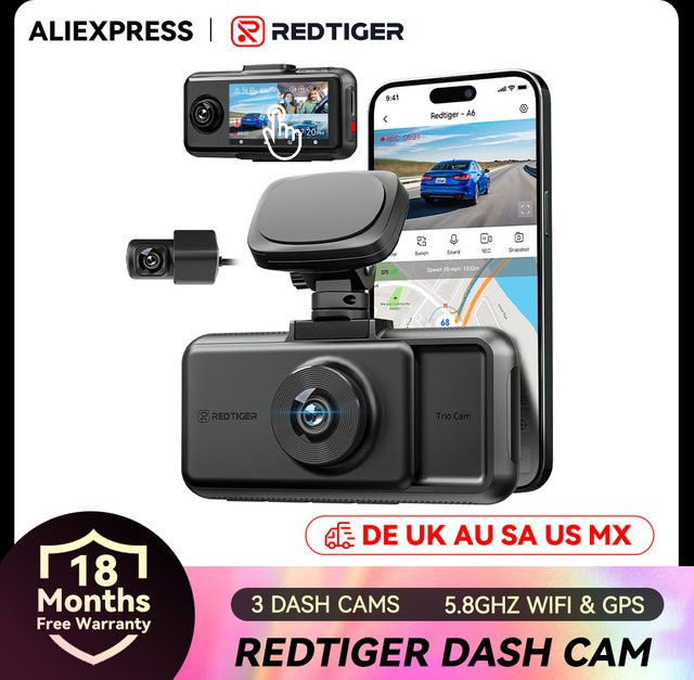 REDTIGER A6 3-Kamera-System Dashcam in Schwarz mit 4K UHD, integriertem 5,8GHz WLAN und GPS für Front-, Innen- und Heckaufnahme inklusive Nachtsicht und Parküberwachung - Bild 1
