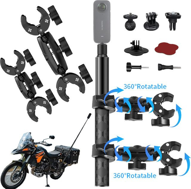 Erchang Motorrad-Montagesatz mit Doppelklemm-Lenker-Selfie-Stick für Insta360 X5 X4 X3 X2 RS und DJI GoPro, Schwarz - Bild 1