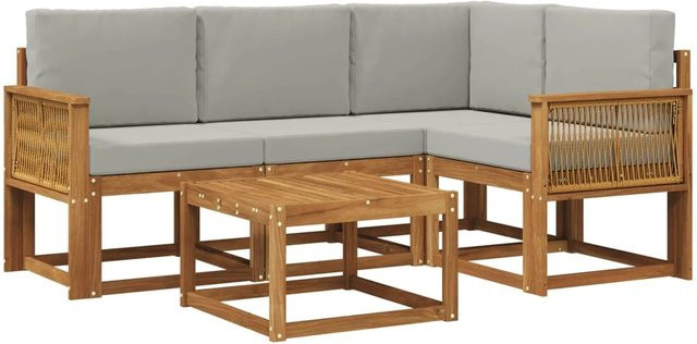 vidaXL Outdoor-Sofagarnitur aus Akazienholz und Polyester in Hellgrau, 5-teiliges L-Shape Set mit abnehmbaren Kissen - Bild 1
