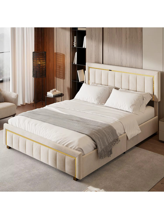 Anajqaqia Doppelbett mit Stauraum und hydraulischem Lift, Samt, gebrochenes Weiß, B/T: 160 x 200 cm - Bild 4
