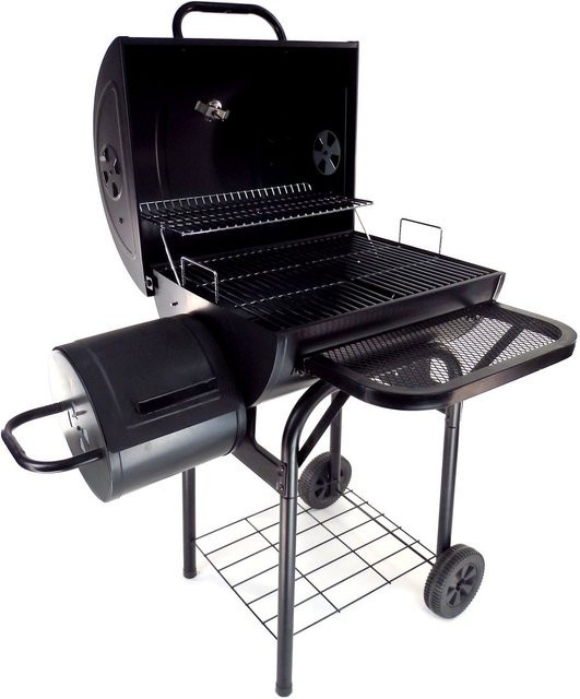 Grillgourmet Holzkohlefassgrill in Schwarz mit verchromtem Warmhalterost, Ablagefläche und Rädern, H x B x T: 126 x 90 x 70 cm - Bild 1